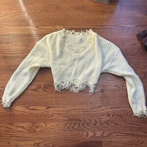 Frayed Cream Knit Sweater Top